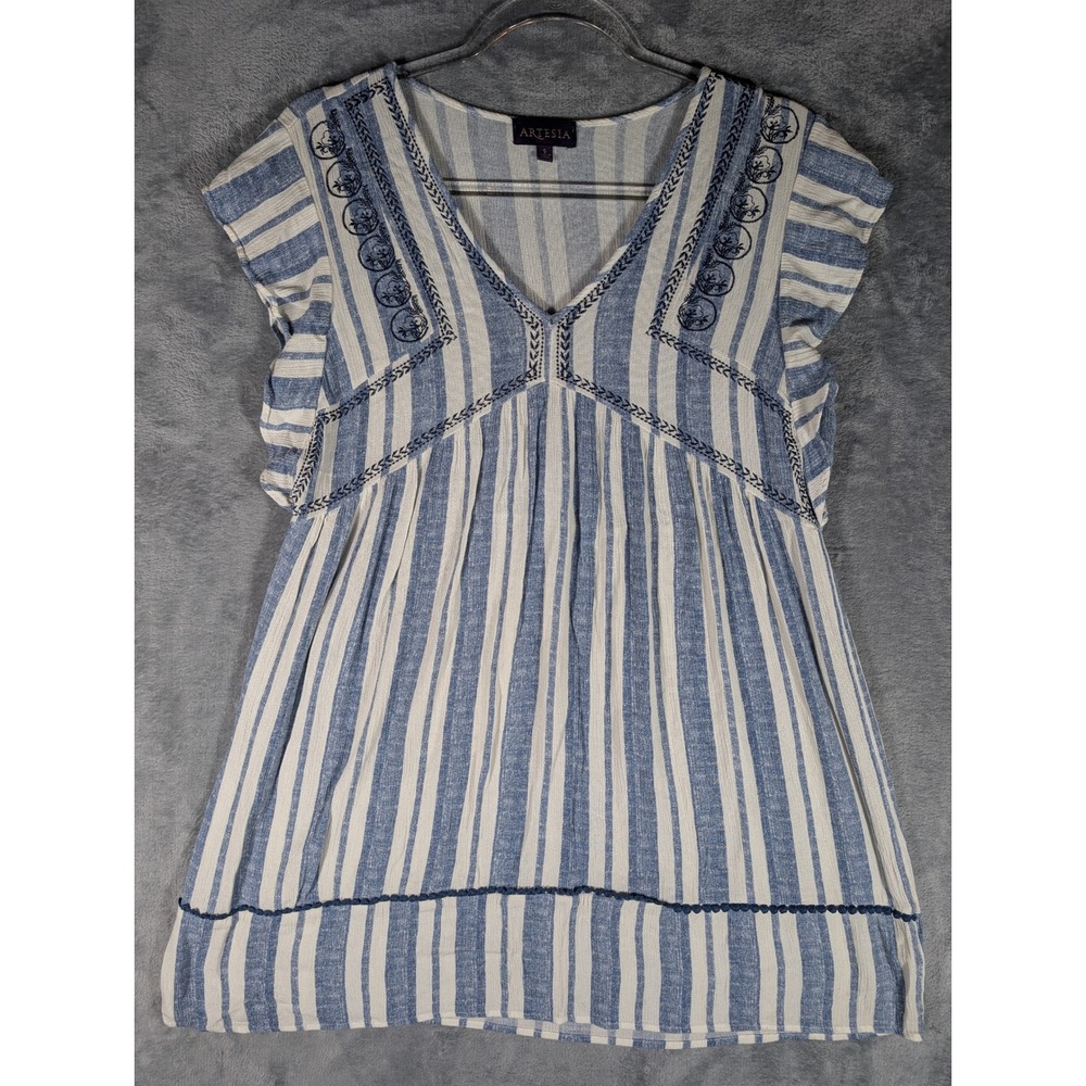 Artesia Blue White Striped Embroidered Babydoll Boho Tunic Top Womens Size Small